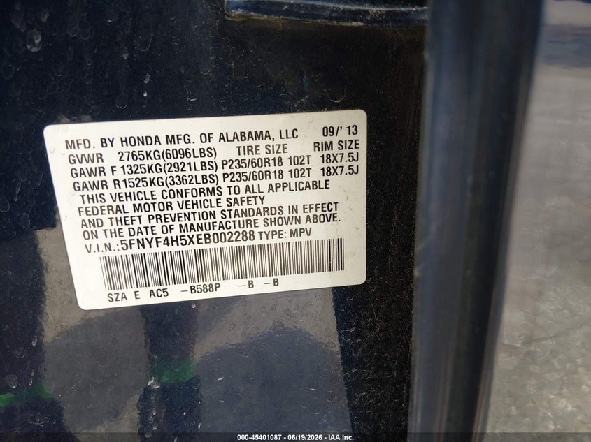 2014 Honda Pilot VIN 5FNYF4H5XEB002288 IAAI salvage auction — REAR END, Salvage (Kansas), sold $1,650 on 2026-07-09 (photo 9)