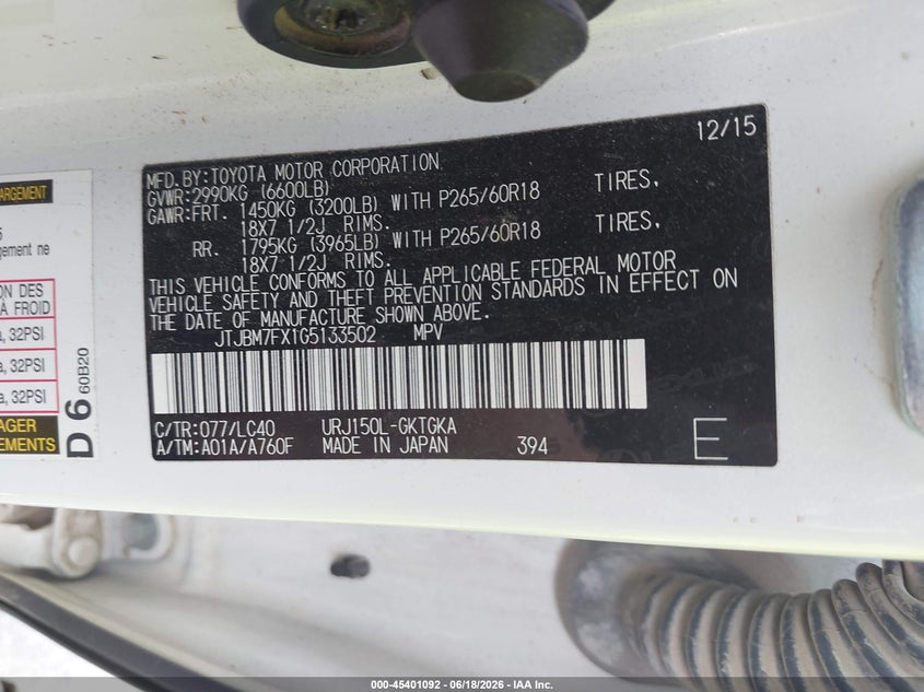 2016 Lexus Gx VIN JTJBM7FX1G5133502 IAAI salvage auction — LEFT & RIGHT, Salvage Title, sold $6,800 on 2026-07-21 (photo 9)