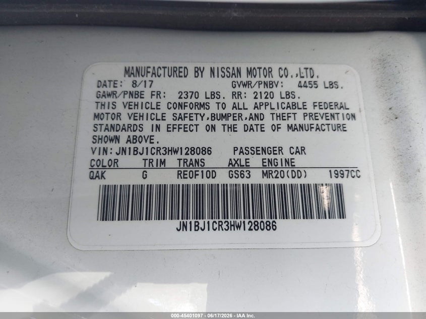 2017 Nissan VIN JN1BJ1CR3HW128086 IAAI salvage auction — LEFT SIDE, Bill Of Sale (Washington), sold $3,700 on 2026-07-08 (photo 9)