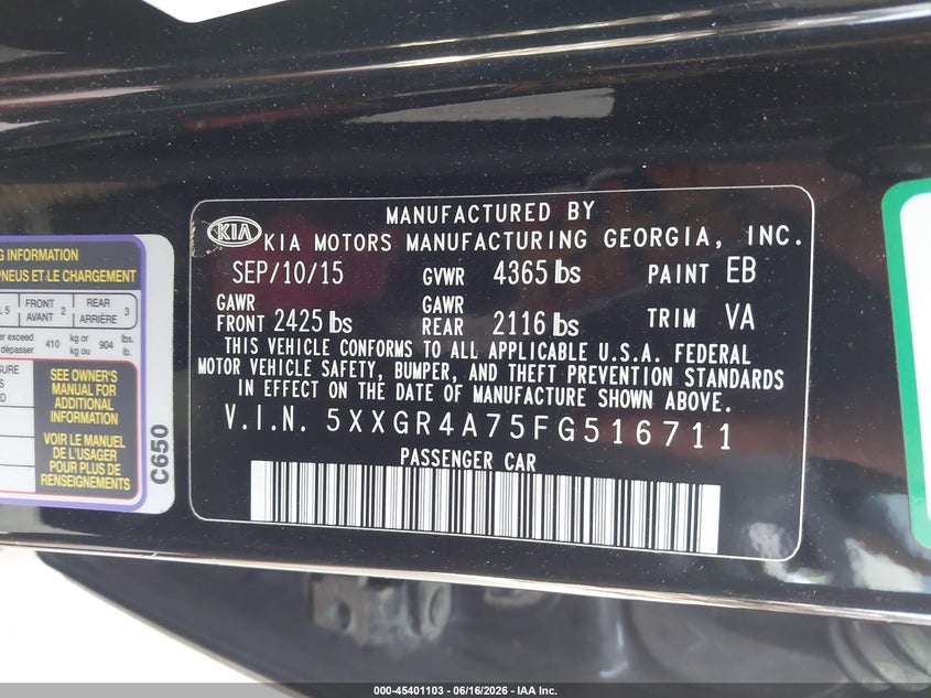 2015 Kia Optima VIN 5XXGR4A75FG516711 IAAI salvage auction — LEFT FRONT, Salvage (Texas), sold $900 on 2026-07-11 (photo 9)