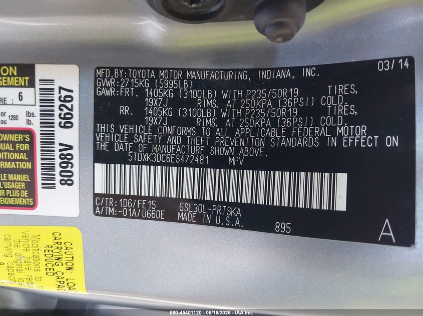 2014 Toyota Sienna VIN 5TDXK3DC6ES472481 IAAI salvage auction — LEFT FRONT, Salvage (California), sold $4,250 on 2026-07-14 (photo 9)