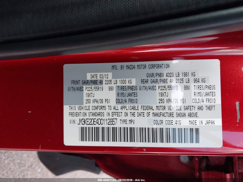 2013 Mazda Cx-5 VIN JM3KE2DE4D0112857 IAAI salvage auction — FRONT END, Certificate Of Title (Nebraska), sold $1,650 on 2026-07-23 (photo 9)