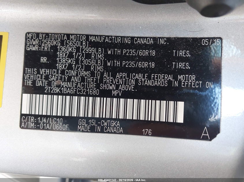 2015 Lexus VIN 2T2BK1BA6FC321680 IAAI salvage auction — FRONT & REAR, Salvage Title, sold $5,600 on 2026-08-26 (photo 9)