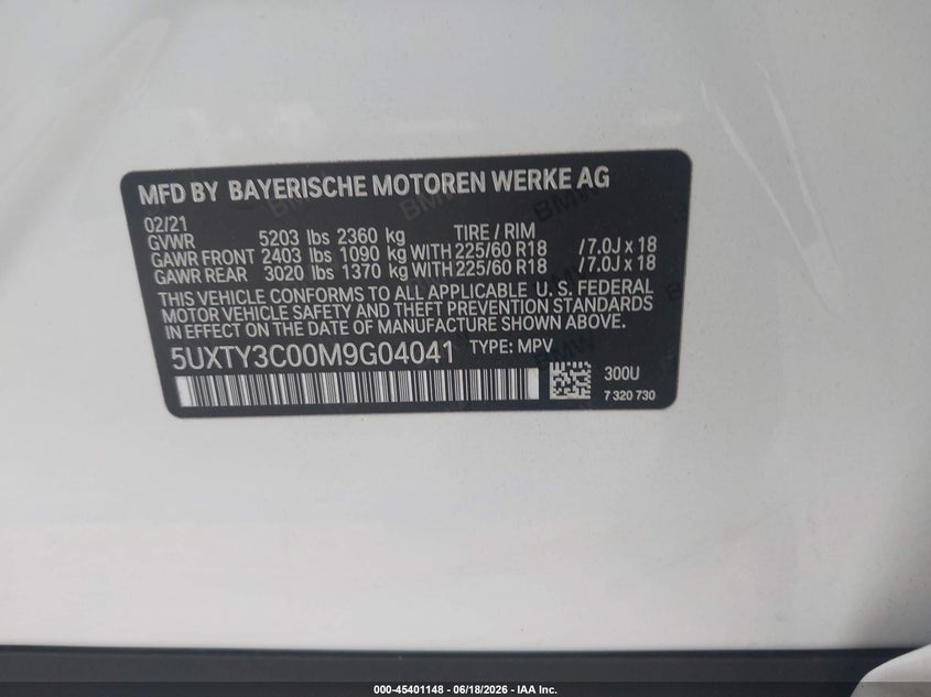2021 BMW X3 VIN 5UXTY3C00M9G04041 IAAI salvage auction — FRONT END, Salvage (California), sold $8,600 on 2026-07-07 (photo 9)