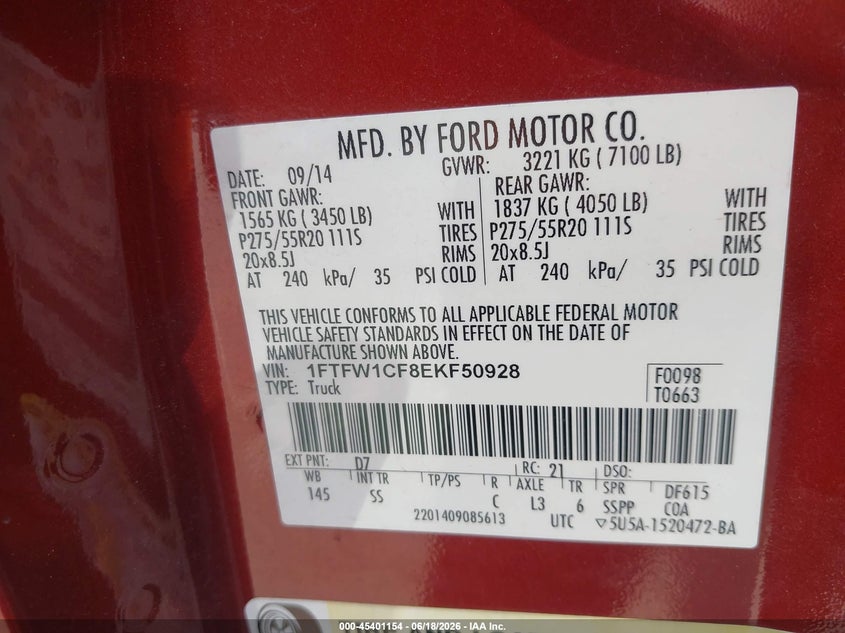 2014 Ford F-150 VIN 1FTFW1CF8EKF50928 IAAI salvage auction — FRONT END, Salvage Title, sold $2,900 on 2026-07-31 (photo 9)