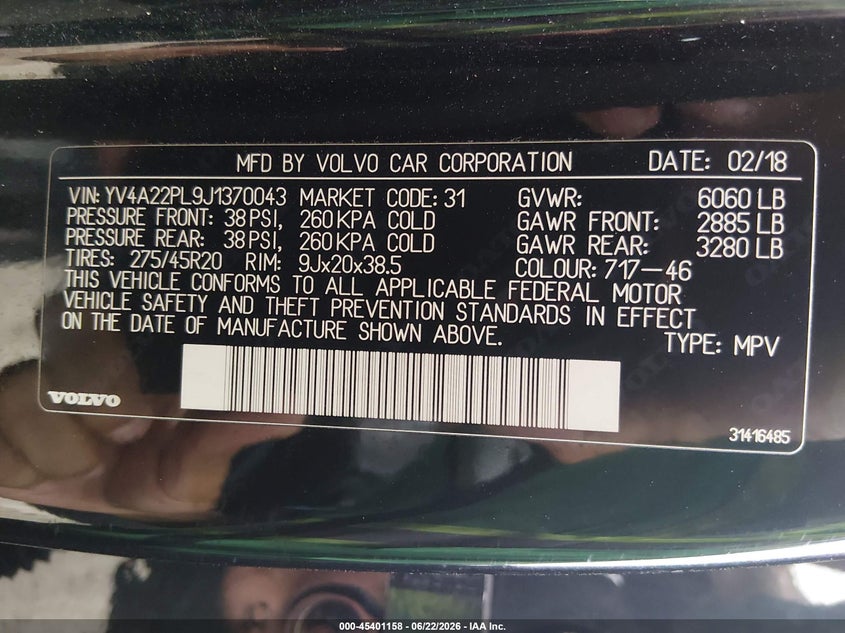 2018 Volvo Xc90 VIN YV4A22PL9J1370043 IAAI salvage auction — HAIL, Salvage Title, sold $8,350 on 2026-08-07 (photo 9)