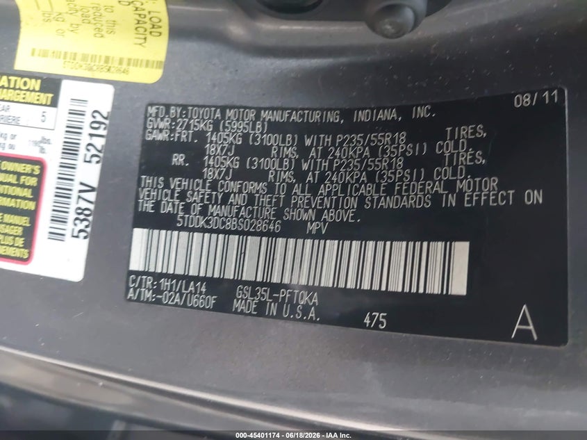 2011 Toyota Sienna VIN 5TDDK3DC8BS028646 IAAI salvage auction — SIDE, Mv-907A (New York), sold $2,200 on 2026-07-28 (photo 9)
