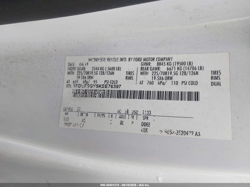 2019 Ford F550 VIN 1FDUF5GY5KEE76397 IAAI salvage auction — FRONT END, Clear (North Carolina), sold $8,100 on 2026-07-08 (photo 8)