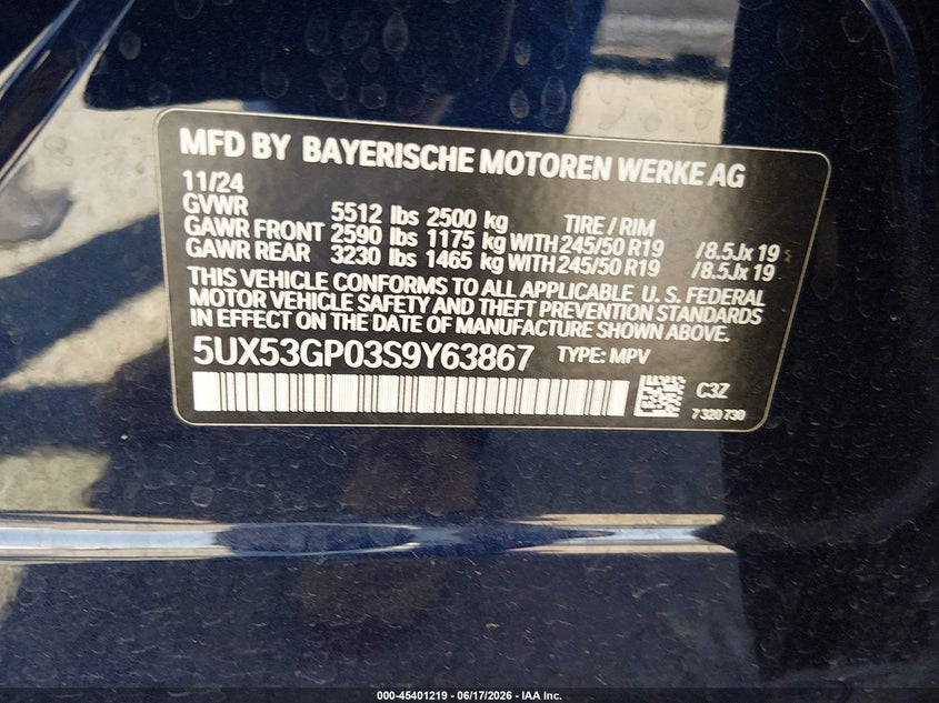 2025 BMW X3 VIN 5UX53GP03S9Y63867 IAAI salvage auction — RIGHT FRONT, Salvage Title, sold $17,100 on 2026-07-27 (photo 9)