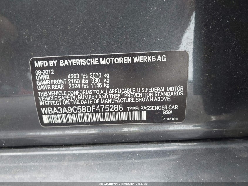 2013 BMW 3 series VIN WBA3A9C58DF475286 IAAI salvage auction — NORMAL WEAR, Clear (Florida), sold $1,650 on 2026-07-14 (photo 9)