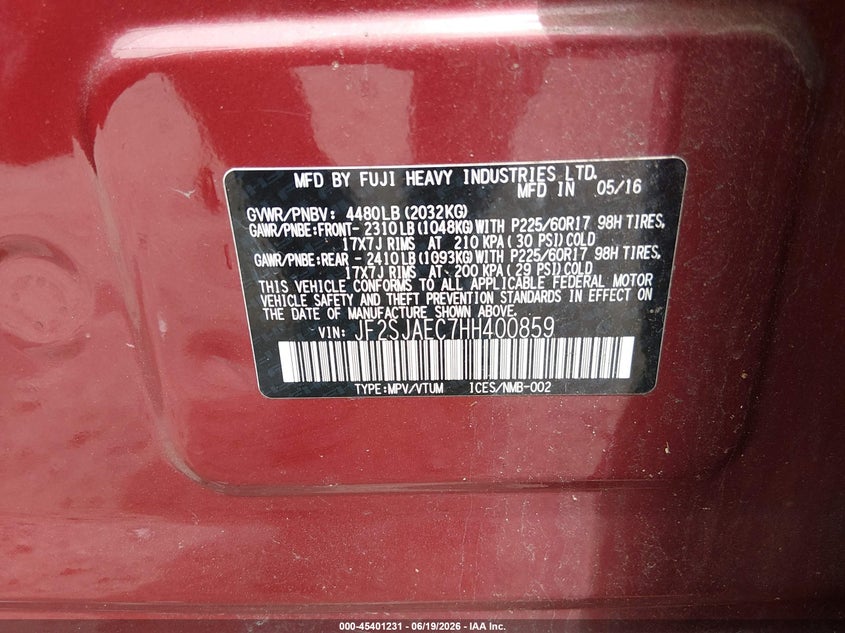 2017 Subaru Forester VIN JF2SJAEC7HH400859 IAAI salvage auction — FRONT END, Salvage (New Jersey), sold $25 on 2026-07-28 (photo 9)