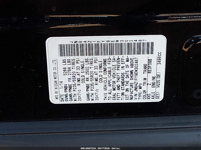 2014 Nissan Murano VIN JN8AZ1FY9EW302487 IAAI salvage auction — RIGHT FRONT, Salvage (Arizona), sold $1,100 on 2026-07-07 (photo 9)