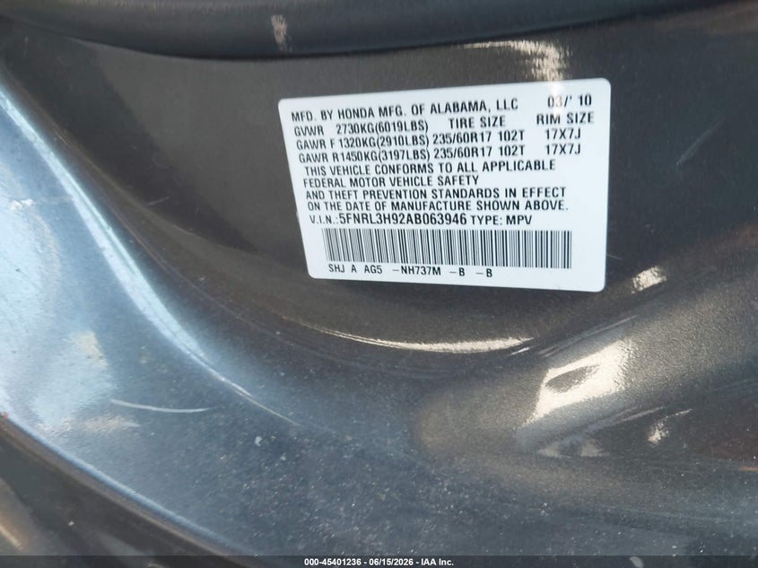 2010 Honda Odyssey VIN 5FNRL3H92AB063946 IAAI salvage auction — NORMAL WEAR, Clear - Dealer Only (California), sold $675 on 2026-07-09 (photo 9)