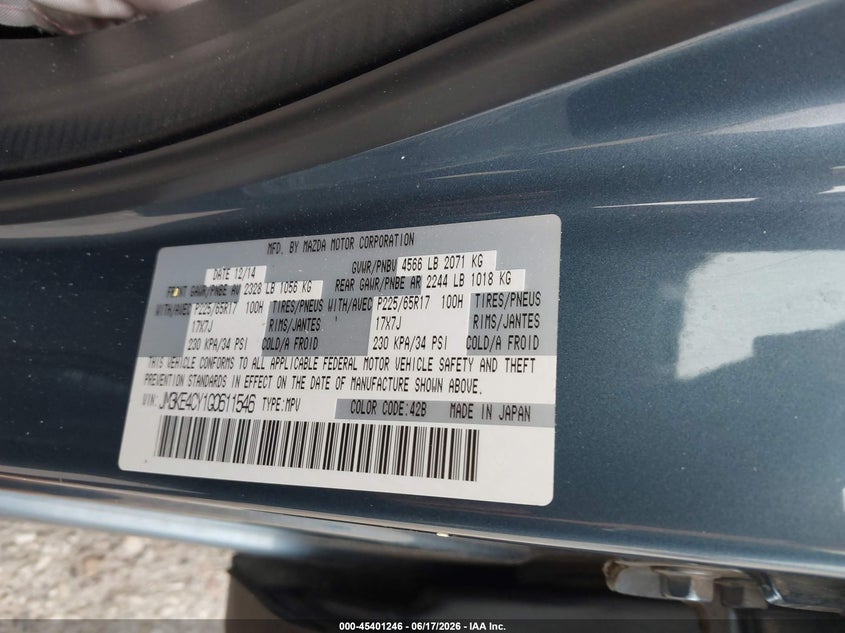 2016 Mazda Cx-5 VIN JM3KE4CY1G0611546 IAAI salvage auction — FRONT & REAR, Clear (Michigan), sold $1,200 on 2026-07-09 (photo 9)