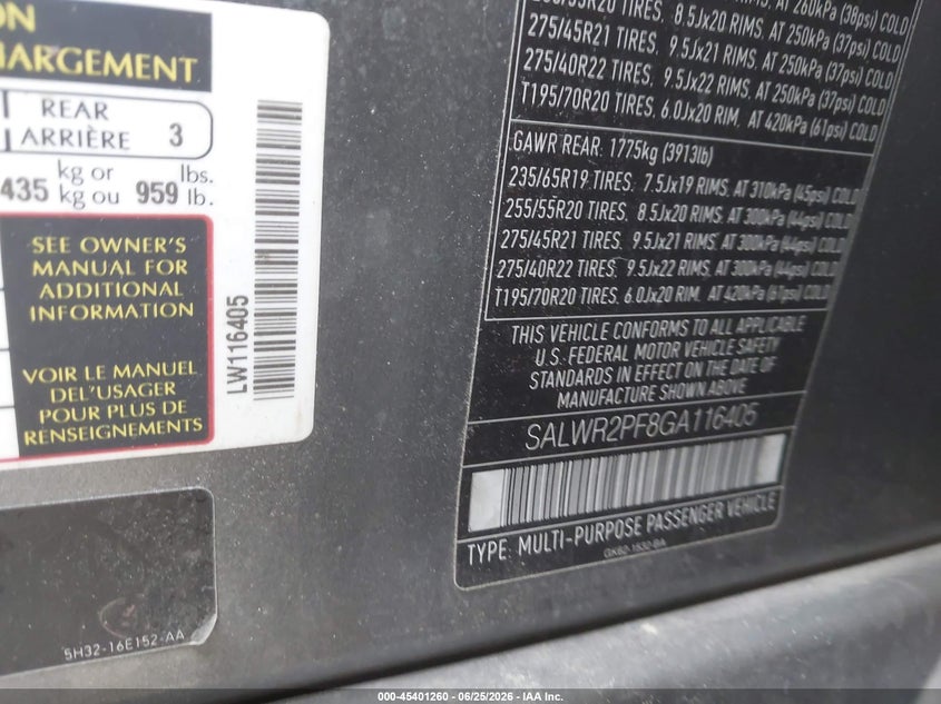 2016 Land rover Range rover sport VIN SALWR2PF8GA116405 IAAI salvage auction — FRONT END, Clear (Massachusetts), sold $2,400 on 2026-07-31 (photo 9)