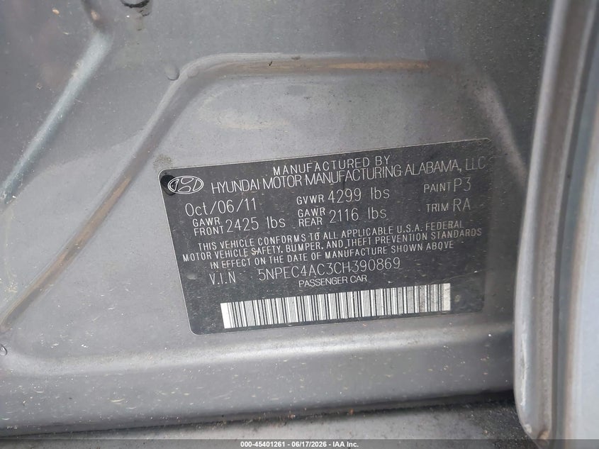 2012 Hyundai Sonata VIN 5NPEC4AC3CH390869 IAAI salvage auction — REAR END, Salvage (Georgia), sold $525 on 2026-07-29 (photo 9)
