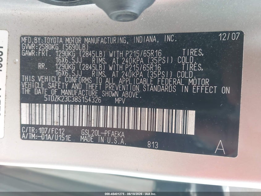 2008 Toyota Sienna VIN 5TDZK23C38S154326 IAAI salvage auction — NORMAL WEAR, Clear (Missouri), sold $350 on 2026-07-07 (photo 9)