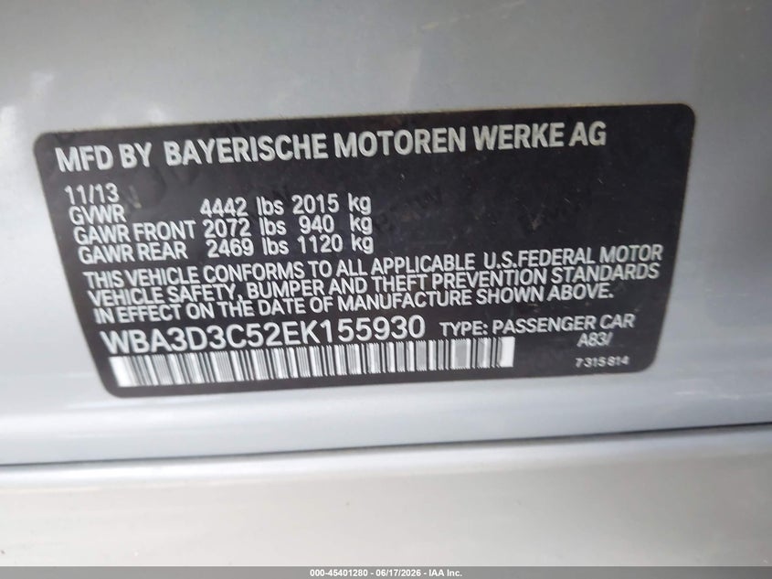 2014 BMW 3er VIN WBA3D3C52EK155930 IAAI salvage auction — LEFT SIDE, Salvage (California), sold $950 on 2026-07-14 (photo 9)