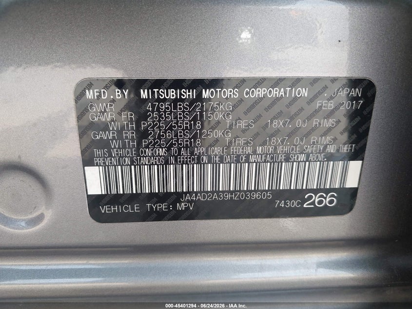 2017 Mitsubishi Outlander VIN JA4AD2A39HZ039605 IAAI salvage auction — FRONT END, Salvage (Texas), sold $2,100 on 2026-07-09 (photo 9)