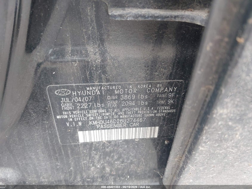 2008 Hyundai Elantra VIN KMHDU46D28U274467 IAAI salvage auction — NORMAL WEAR, Clear (Illinois), sold $800 on 2026-07-20 (photo 9)