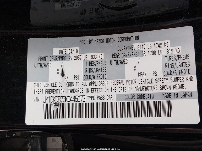 2019 Mazda Cx-3 VIN JM1DKDB73K0445073 IAAI salvage auction — FRONT END, Salvage Title, sold $4,800 on 2026-07-20 (photo 9)