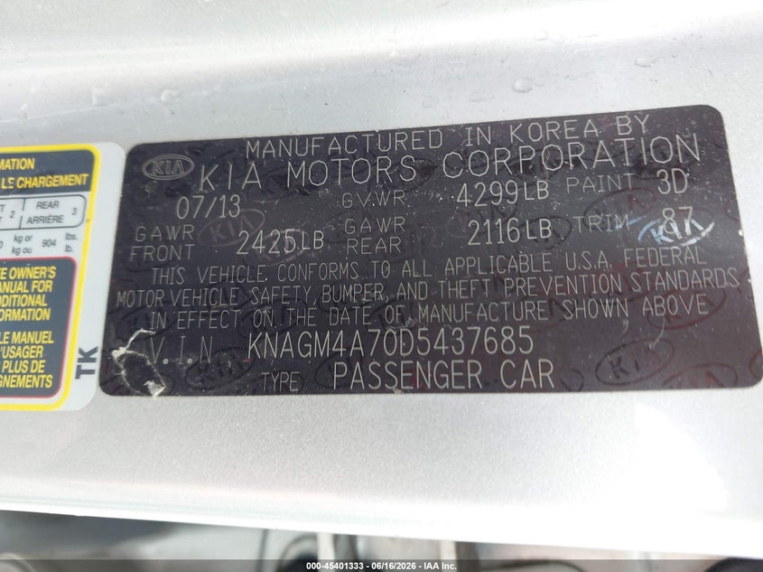 2013 Kia Optima VIN KNAGM4A70D5437685 IAAI salvage auction — THEFT, Salvage Title, sold $850 on 2026-07-16 (photo 9)