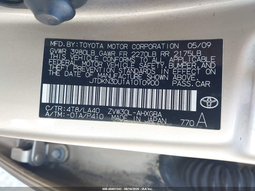 2010 Toyota Prius VIN JTDKN3DU1A1010900 IAAI salvage auction — NORMAL WEAR, Clear - Dealer Only (California), sold $1,200 on 2026-07-09 (photo 9)