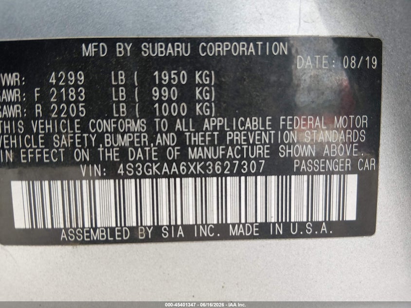 2019 Subaru Impreza VIN 4S3GKAA6XK3627307 IAAI salvage auction — FRONT END, Rebuildable (Florida), sold $875 on 2026-07-09 (photo 9)