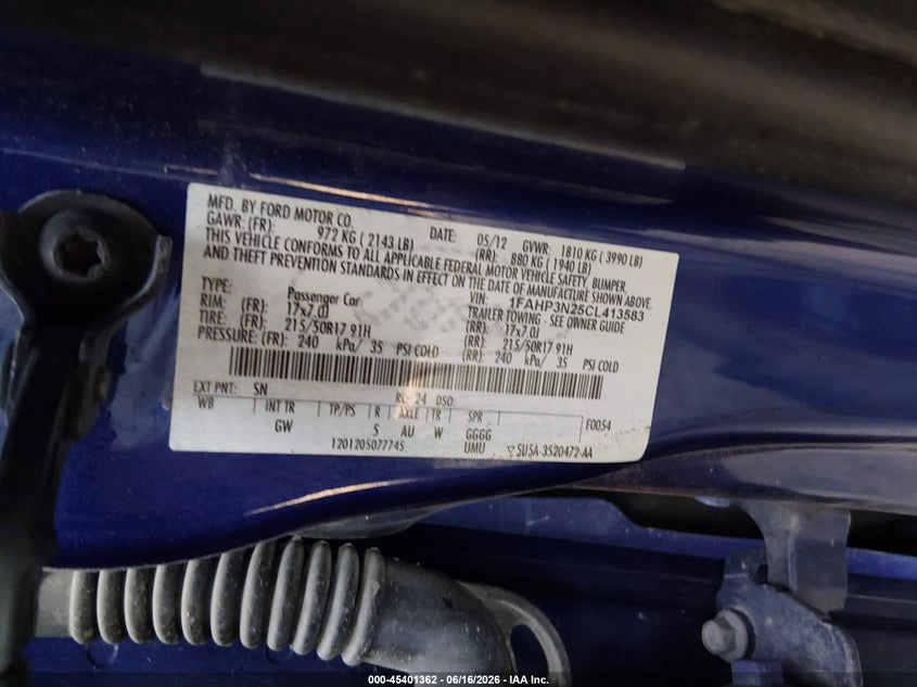 2012 Ford Focus VIN 1FAHP3N25CL413583 IAAI salvage auction — FRONT END, Salvage (Texas), sold $325 on 2026-07-20 (photo 9)