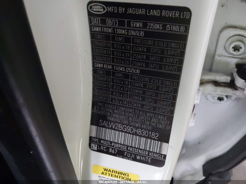 2013 Land rover Range rover evoque VIN SALVV2BG9DH830182 IAAI salvage auction — FRONT END, Salvage (Texas), sold $1,300 on 2026-07-17 (photo 9)