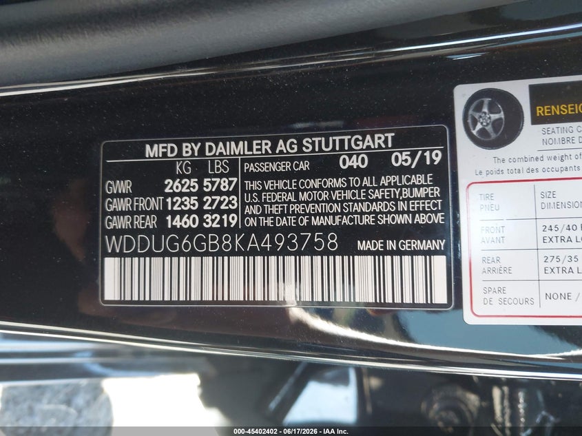 2019 Mercedes-benz VIN WDDUG6GB8KA493758 IAAI salvage auction — ENGINE DAMAGE, Wait Title, sold $3,500 on 2026-08-13 (photo 9)