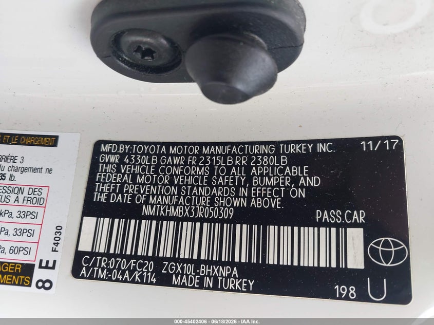 2018 Toyota C-hr VIN NMTKHMBX3JR050309 IAAI salvage auction — FRONT END, Salvage Title, sold $4,975 on 2026-07-28 (photo 9)