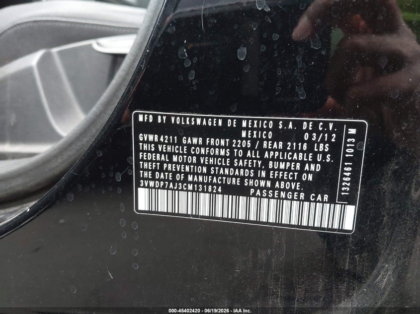 2012 Volkswagen Jetta VIN 3VWDP7AJ3CM131824 IAAI salvage auction — RIGHT REAR, Wait Title, sold $675 on 2026-09-02 (photo 9)