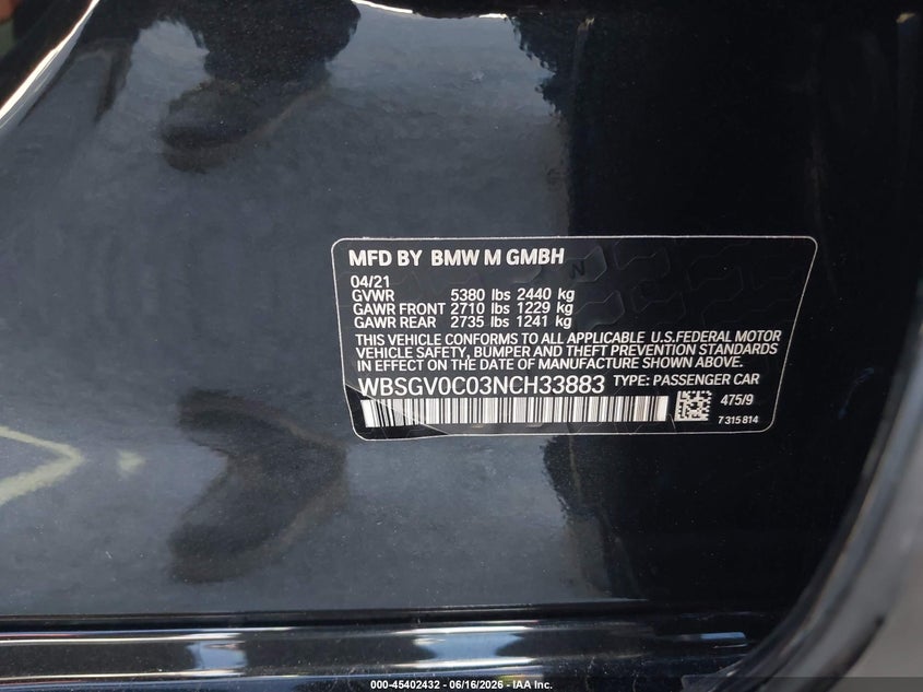 2022 BMW M8 VIN WBSGV0C03NCH33883 IAAI salvage auction — FRONT END, Salvage (California), sold $42,250 on 2026-07-15 (photo 9)