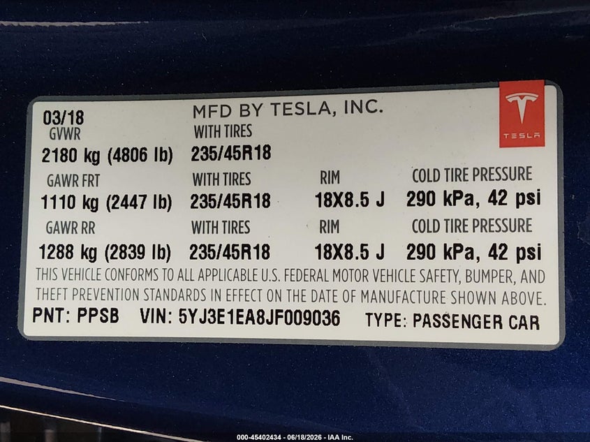 2018 Tesla Model 3 VIN 5YJ3E1EA8JF009036 IAAI salvage auction — FRONT END, Salvage Title, sold $5,700 on 2026-07-29 (photo 9)