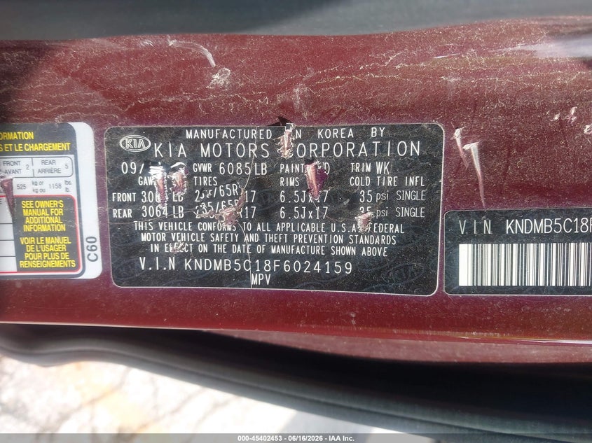 2015 Kia SEDONA VIN KNDMB5C18F6024159 IAAI salvage auction — NORMAL WEAR, Clear - Dealer Only (Kansas), sold $825 on 2026-07-22 (photo 9)