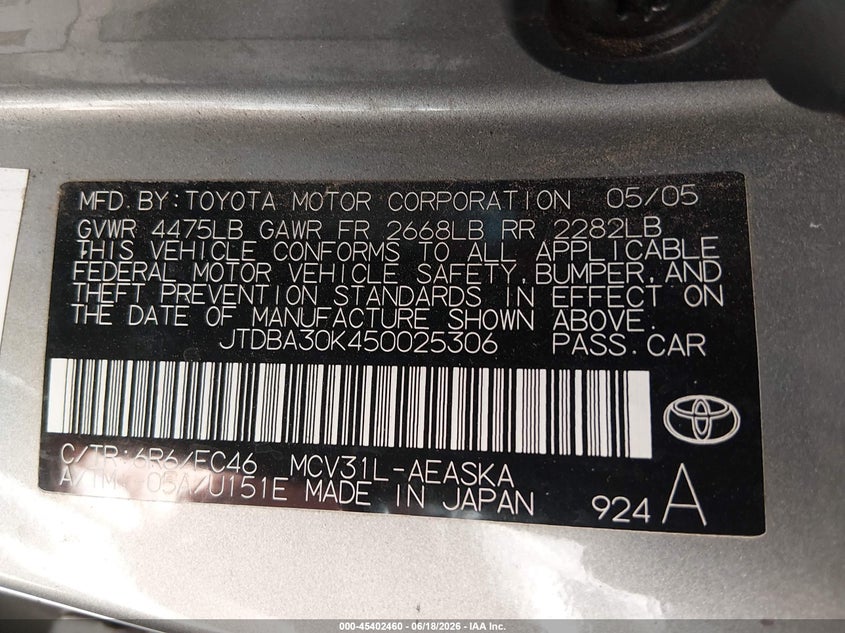 2005 Toyota Camry VIN JTDBA30K450025306 IAAI salvage auction — RIGHT FRONT, Salvage (Arizona), sold $850 on 2026-07-14 (photo 9)