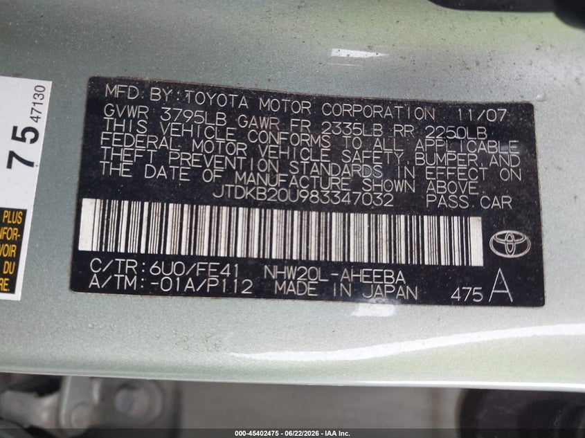 2008 Toyota Prius VIN JTDKB20U983347032 IAAI salvage auction — FRONT END, Salvage (Ohio), sold $25 on 2026-07-16 (photo 9)