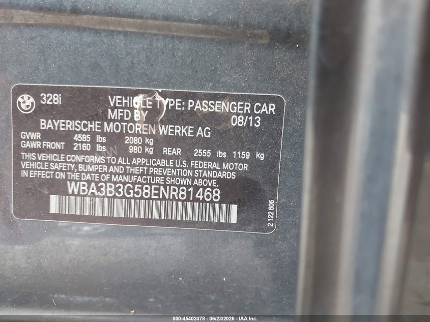 2014 BMW 3er VIN WBA3B3G58ENR81468 IAAI salvage auction — VANDALISM, Salvage (Louisiana), sold $1,375 on 2026-07-06 (photo 9)