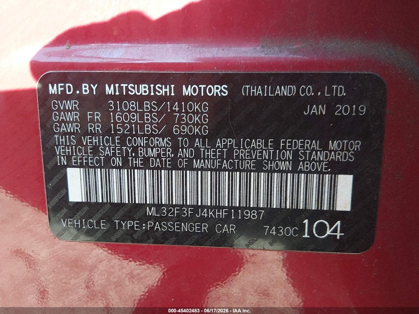 2019 Mitsubishi Mirage VIN ML32F3FJ4KHF11987 IAAI salvage auction — NORMAL WEAR, Salvage Title, sold $1,750 on 2026-07-15 (photo 9)