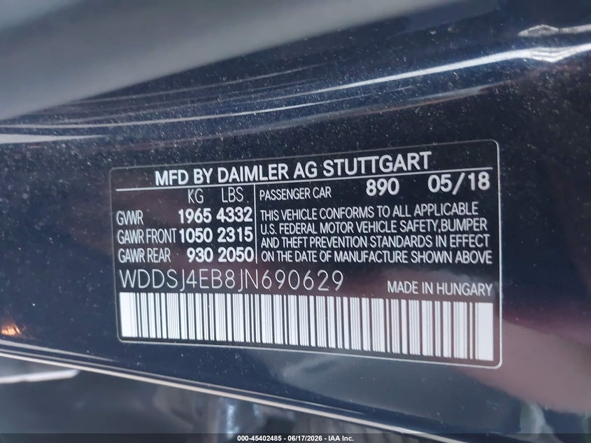2018 Mercedes-benz Cla-klasse VIN WDDSJ4EB8JN690629 IAAI salvage auction — FRONT END, Salvage Title, sold $850 on 2026-08-18 (photo 9)