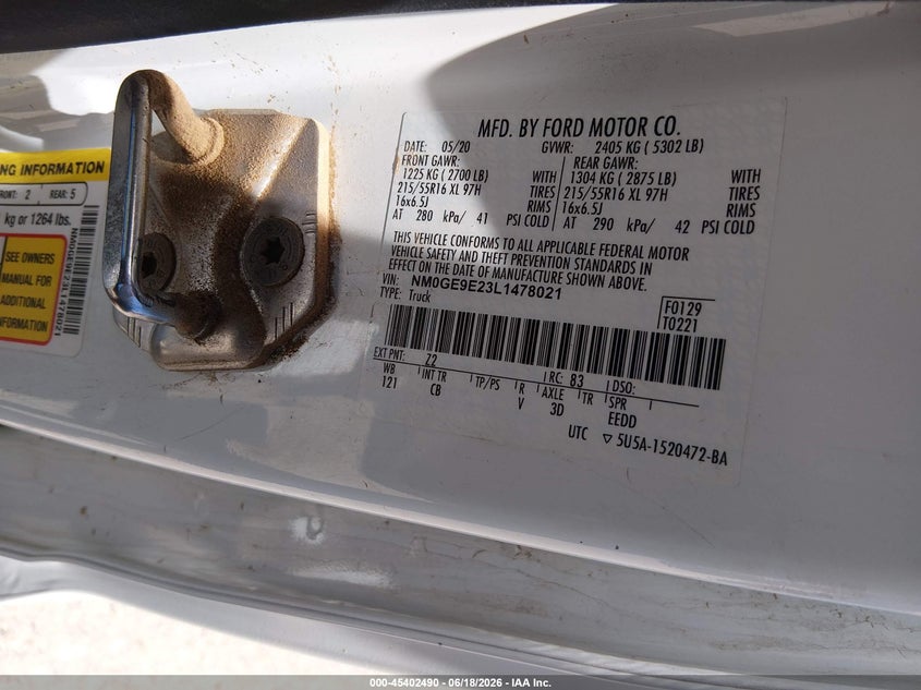 2020 Ford Transit connect VIN NM0GE9E23L1478021 IAAI salvage auction — NORMAL WEAR, Sf97 (Arizona), sold $25 on 2026-07-28 (photo 9)
