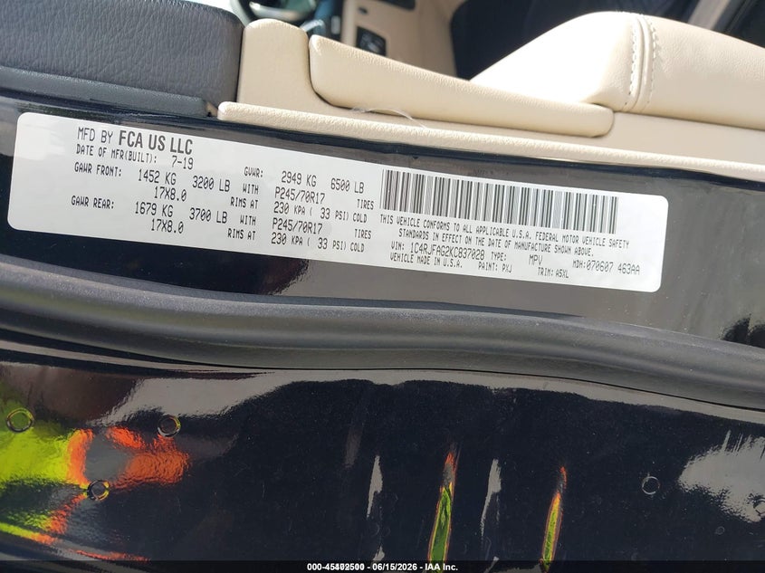 2019 Jeep Grand cherokee VIN 1C4RJFAG2KC837028 IAAI salvage auction — NORMAL WEAR, Sf97 (Maryland), sold $12,800 on 2026-07-27 (photo 9)