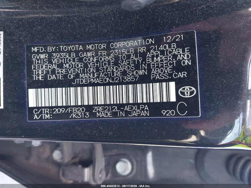 2022 Toyota Corolla VIN JTDEPMAE0NJ213857 IAAI salvage auction — FRONT END, Certificate Of Destruction (Florida), sold $2,350 on 2026-07-29 (photo 9)