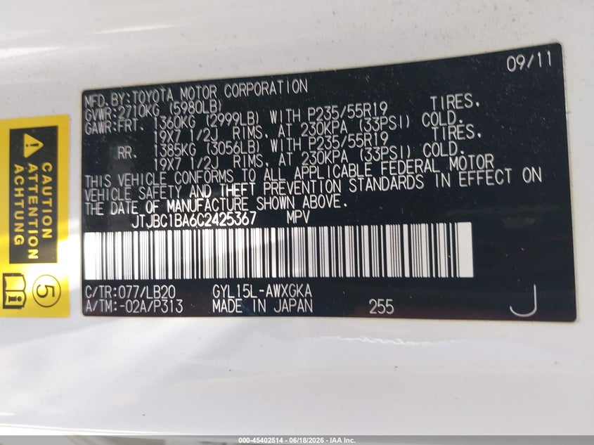 2012 Lexus Rx VIN JTJBC1BA6C2425367 IAAI salvage auction — NORMAL WEAR, Salvage (California), sold $2,850 on 2026-07-07 (photo 9)