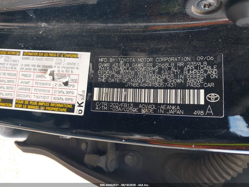 2007 Toyota Camry VIN JTNBE46K473057431 IAAI salvage auction — NORMAL WEAR, Clear (Tennessee), sold $325 on 2026-07-21 (photo 9)