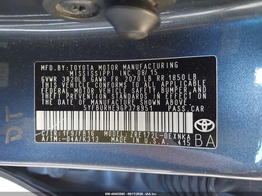 2016 Toyota Corolla VIN 5YFBURHE9GP378951 IAAI salvage auction — UNKNOWN, Salvage (Utah), sold $3,250 on 2026-07-06 (photo 9)