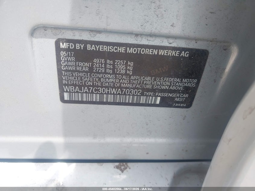 2017 BMW VIN WBAJA7C30HWA70302 IAAI salvage auction — ALL OVER, Salvage (Virginia), sold $1,000 on 2026-07-21 (photo 9)
