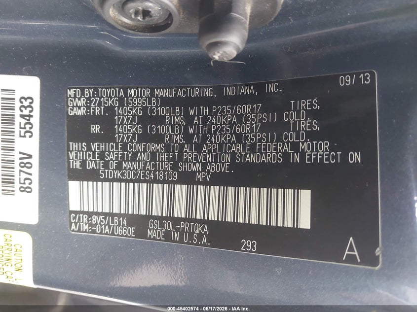 2014 Toyota Sienna VIN 5TDYK3DC7ES418109 IAAI salvage auction — LEFT FRONT, Clear (Tennessee), sold $3,300 on 2026-07-14 (photo 9)