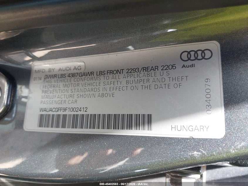 2015 Audi A3 VIN WAUACGFF9F1002412 IAAI salvage auction — FRONT & REAR, Salvage (North Carolina), sold $400 on 2026-07-27 (photo 9)